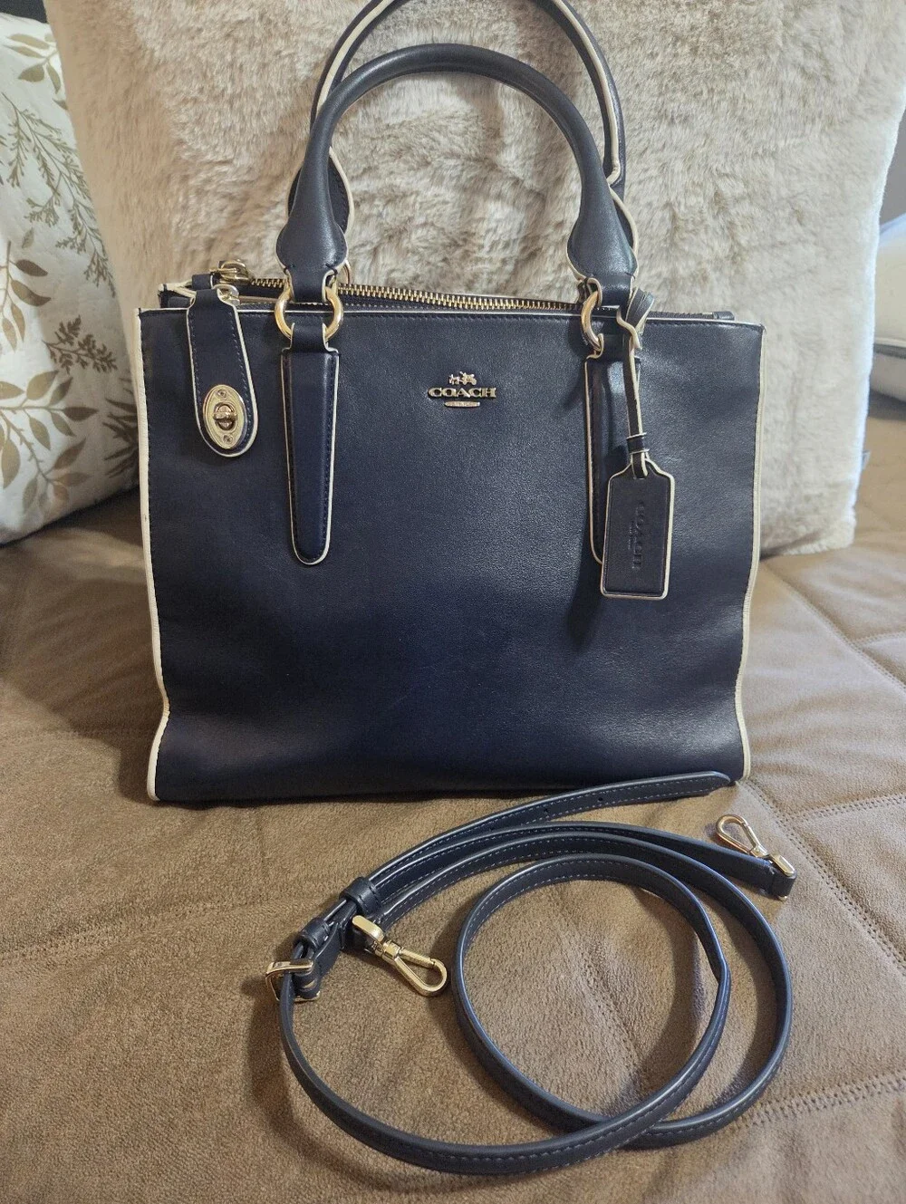 Coach Retired Crosby Navy Leather Satchel with Cream Trim and Gold Hardware